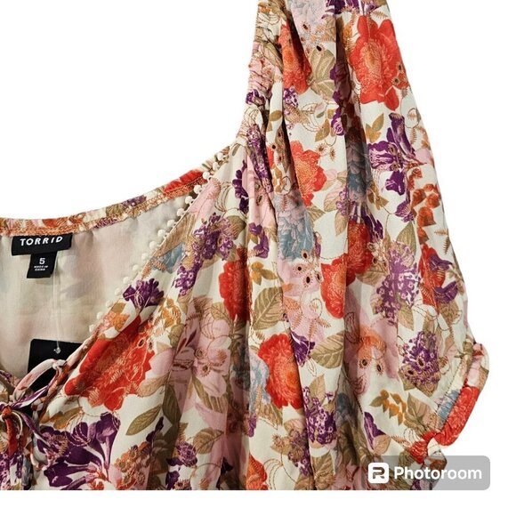 Torrid Georgette Eyelet Smocked Waist Puff Sleeve Floral Boho Top - Picture 4 of 10